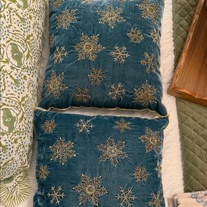 Blue and Gold velvet beaded Snowflake Pillows like new